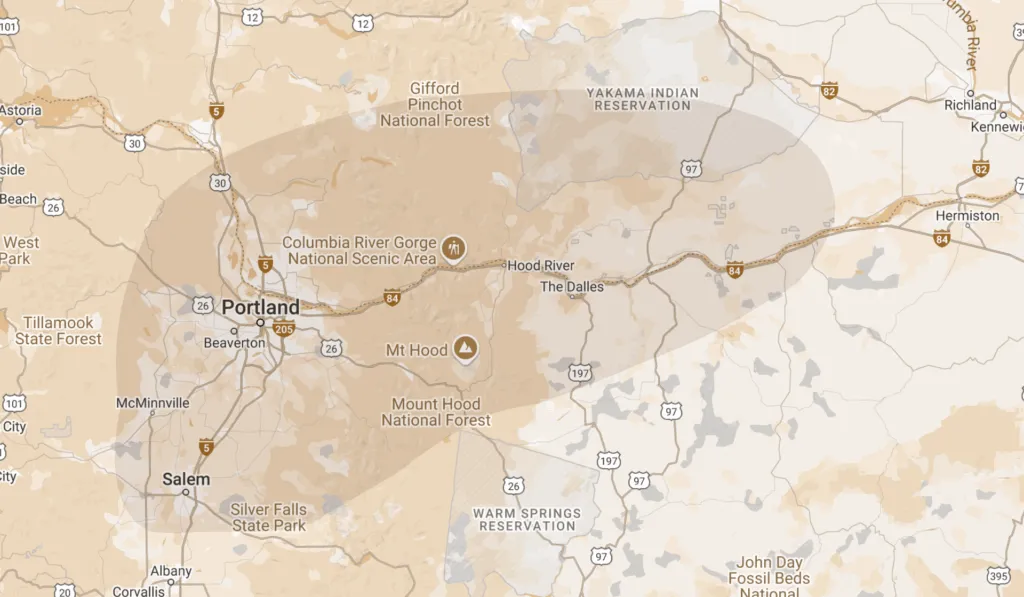 Map of Sky Heating service coverage from Portland through the Columbia River Gorge to The Dalles and surrounding communities